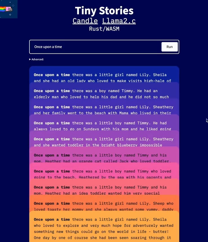 Here are ten 42M TinyStories models running simultaneously in the browser. Andrej Karpathy's Llama2.c code has been ported to Rust using the Candle framework and compiled to Wasm.
