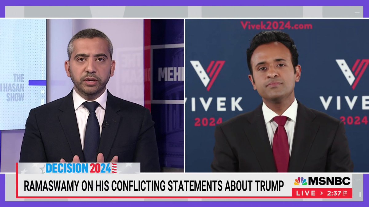 "I want you to answer my question. Three times I've asked it. What did Donald Trump do that was 'downright abhorrent'? It's your words." I asked Vivek Ramaswamy about his old tweets & writings, him criticizing Trump, and it got a little heated. Watch: