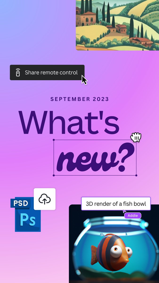 In case you missed it, here’s #WhatsNew in Canva this month: 🤳Remote control your presentation via QR Code 📁Import your PSD files 🖼️Generate realistic images and art with DALL-E 📸Turn your text into photorealistic AI images with Imagen