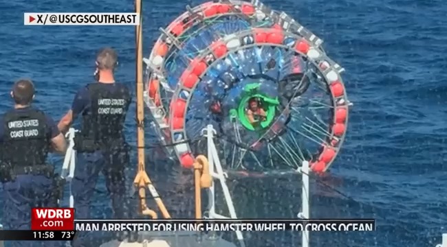 A Florida man who was attempting to sail to England in a human-sized hamster wheel is facing federal charges. Officials said he had attempted similar voyages three previous times.