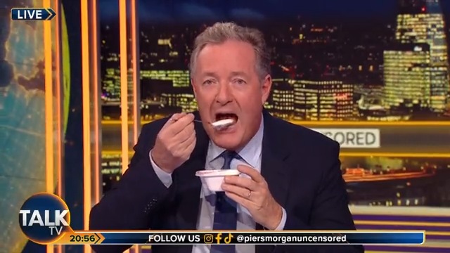 "If this makes me evil, I am happy to be evil." Piers Morgan eats a yogurt in front of vegan charity founder Juliet Gellatley, who made a banned advert depicting a woman eating a pot laced with blood and guts. Piers Morgan | Talk | #PMU
