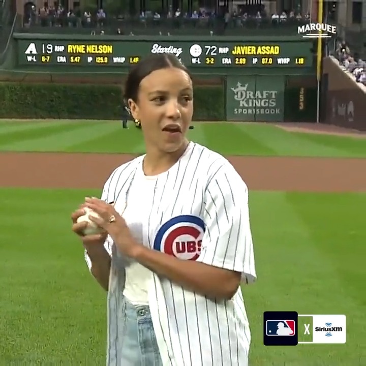 .U.S. Women's National Soccer Team forward mallory pugh threw out the first pitch to her husband Dansby Swanson! (MLB x @SiriusXM)