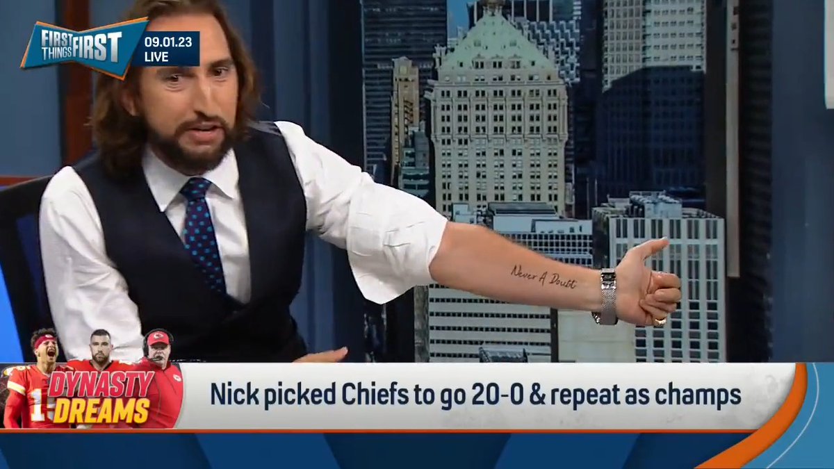 Brutal: FS1’s Nick Wright predicted the #Chiefs to go 20-0 and got a “never a doubt” tattoo The prediction is dead after one week 😬