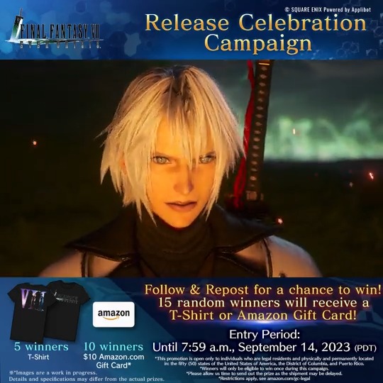 Follow and repost to get the chance to win in our #FF7EC Release Celebration Campaign! 15 random winners will receive a T-Shirt or Amazon Gift Card! Deadline: Sep. 14 7:59 AM PDT #FF7EC #FF7EverCrisis #FF7