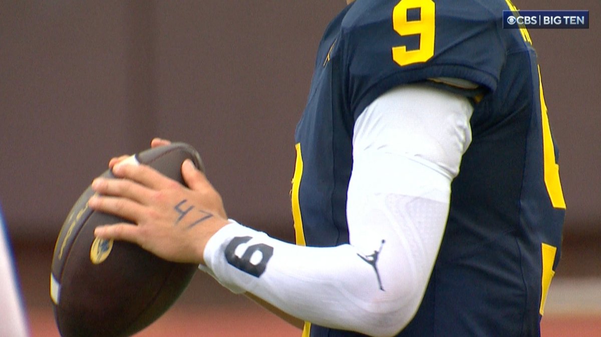 J.J. McCarthy is wearing No. 47 on his hand to honor the memory of his friend and high school teammate Ryan Keeler. Keeler, who passed away in February, was a defensive lineman for UNLV. Today, McCarthy threw a 47-yard touchdown pass.