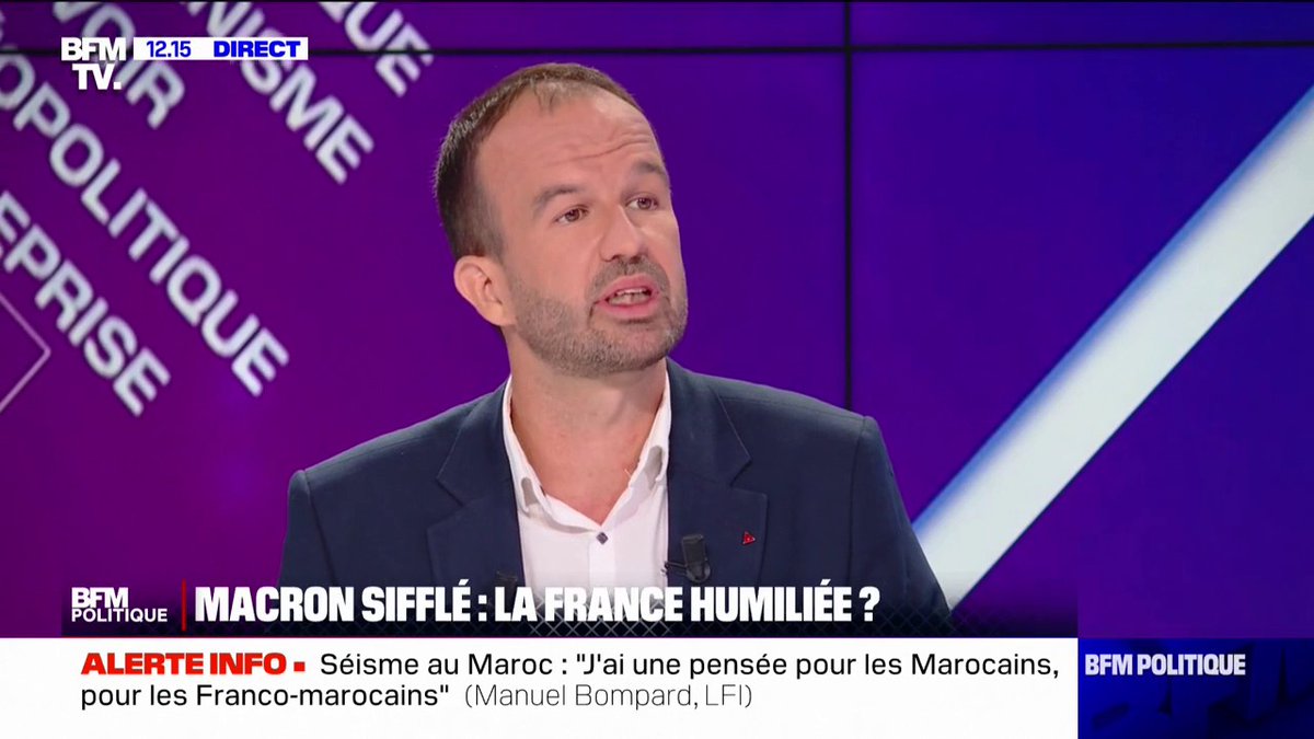 Emmanuel Macron sifflé lors du mondial de rugby: "On ne maltraite pas son peuple impunément" affirme Manuel Bompard, coordinateur LFI