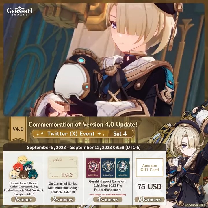 ✨Day 6✨ Commemoration of Version 4.0 Update! #GenshinImpact Twitter Event - Set 4 How to Participate: ① Follow Genshin Impact ② Retweet this post And you can instantly receive the event results! Event Rules: #FollowGenshinImpact