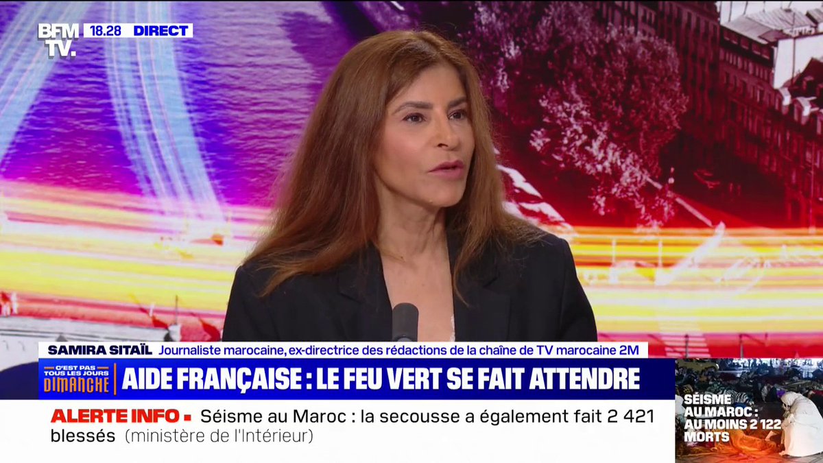 🗣 "C'est très grave de dire que le Maroc refuse l'aide d'un pays" ➡ La journaliste marocaine Samira Sitaïl (@Samirasitail1) s'exprime sur l'absence de demande d'aide officielle du Maroc envers la France après le séisme