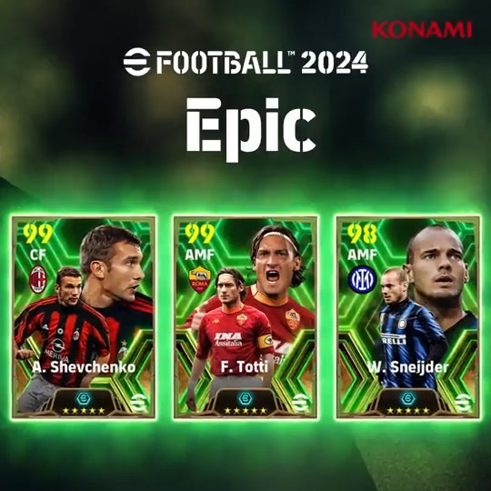 【Epic: Italian League Attackers】 新たな選手特性 "ブースター”を持つレジェンド3選手をピックアップ✨ アンドリー シェフチェンコ(アジリティ +2) フランチェスコ トッティ(シュート +2) ヴェスリー スナイデル(テクニック +2) 詳細はゲーム内をチェック👀 #eFootball #イーフト