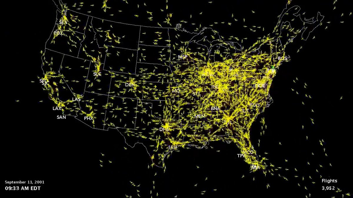 September 11, 2001, 9:45 am: The FAA closed U.S. airspace — the first unplanned closure of U.S. airspace in history. In just a matter of hours, all commercial air traffic was grounded. #September11