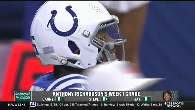 Anthony Richardson Week 1 Report Card 📝 Danny Kanell: B- Steve Beuerlein: B+ Jay Cutler: B- What grade would you give the rookie in his first start?