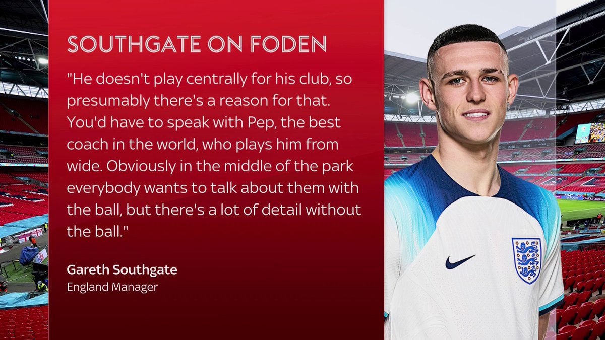 🗣️ "Well, he doesn't for his club, so presumably there's a reason for that." Gareth Southgate has questioned Phil Foden's desire to play in central midfield 👀