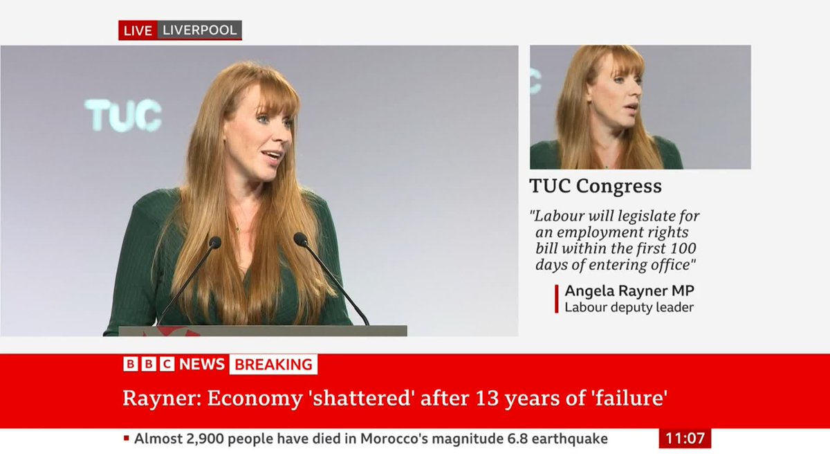 "Labour has a comprehensive plan to create good jobs across the entire country" Labour's deputy leader Angela Rayner tells the TUC her party would ban zero-hour contracts and introduce a "proper living wage that people can actually live on"