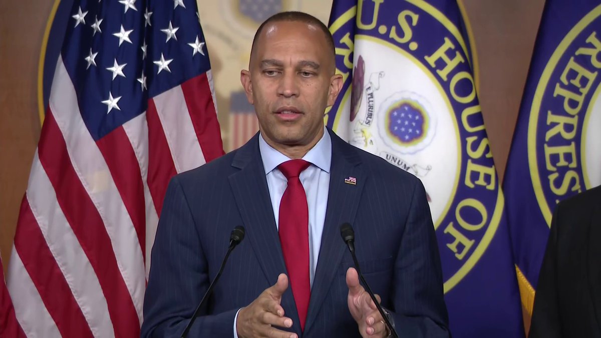 House Minority Leader Hakeem Jeffries addresses Kevin McCarthy's impeachment inquiry: "Extreme MAGA Republicans are doing the bidding of their puppet master in chief, Donald Trump. When Donald Trump says jump, the extreme MAGA Republicans say how high."