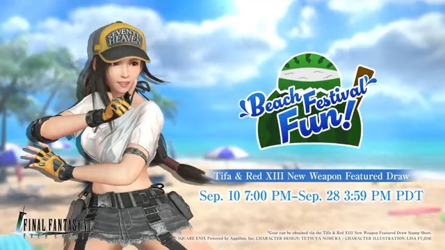 Check out Tifa's Lifeguard Style! Get this Tifa-Exclusive Gear from Tifa &amp; Red XIII New Weapon Featured Draw on the Stamp Card! #FF7EC #FF7EverCrisis #FF7