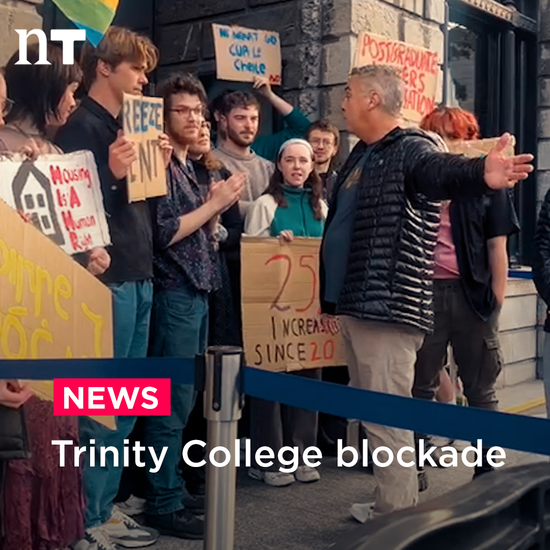 Trinity College students have clashed with tourists as they blockade access to the Book of Kells this morning, as part of a ‘Freeze the Rents’ housing protest.