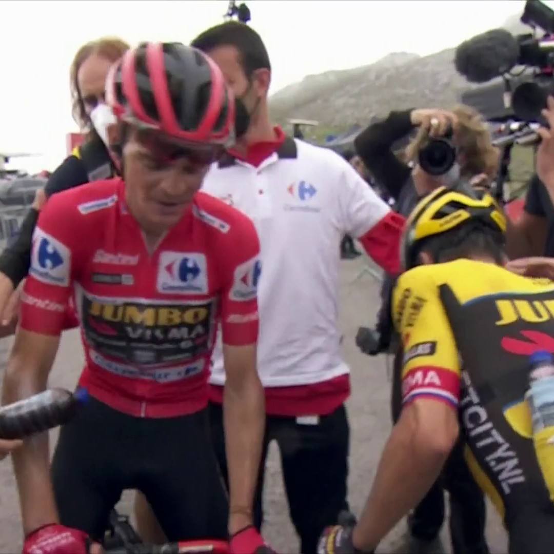 "A cuddle for Roglic and a slap on the head for Vingegaard." Sepp Kuss greets his teammates over the finish line 👀 #LaVuelta23