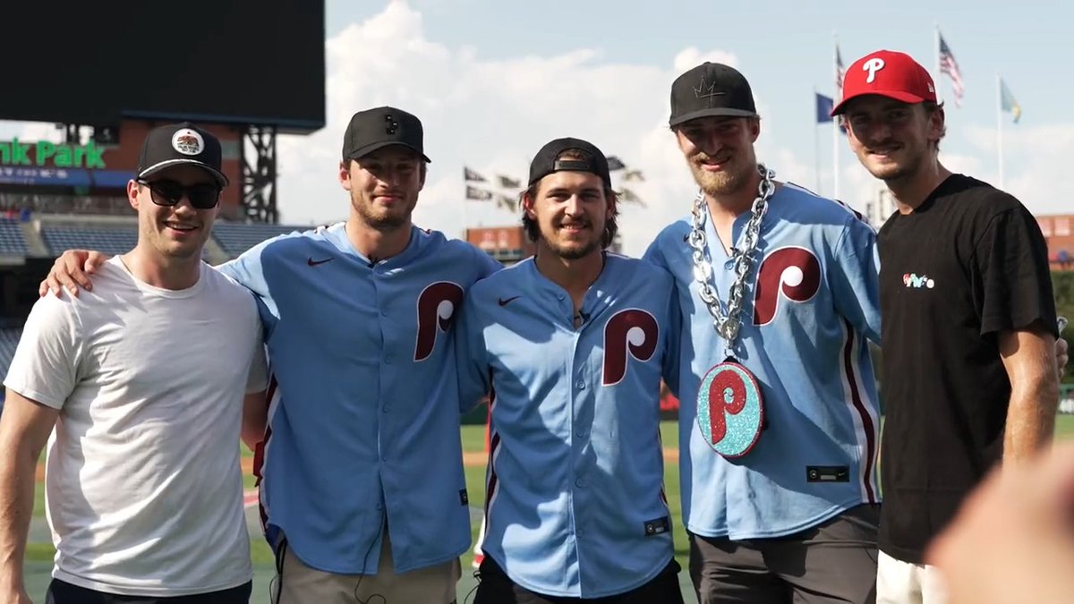 Broad St. Bombers. ⚾️💥 Joel Farabee, Travis Sanheim, TK, Sean Walker and Calvin Petersen stopped by CBP for some neighborly BP with the Philadelphia Phillies.