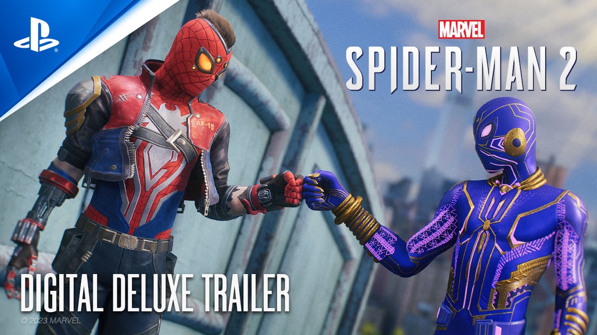 Take a look at the 10 suits offered exclusively in the Digital Deluxe Edition of Marvel's Spider-Man 2! Featuring a brand new track from EARTHGANG, this trailer is sure to get the #SpiderMan2PS5 hype flowing! #BeGreaterTogether Pre-order the DDE today: