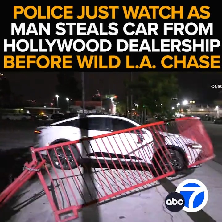 What starts as a smash-and-dash car theft at a Toyota dealership in Hollywood ends in a smashing takedown at a Lamborghini dealership in Beverly Hills. Cops watch as a suspect calmly picks out keys before stealing a new car. The gatecrashing getaway - This morning at 6 from ABC7