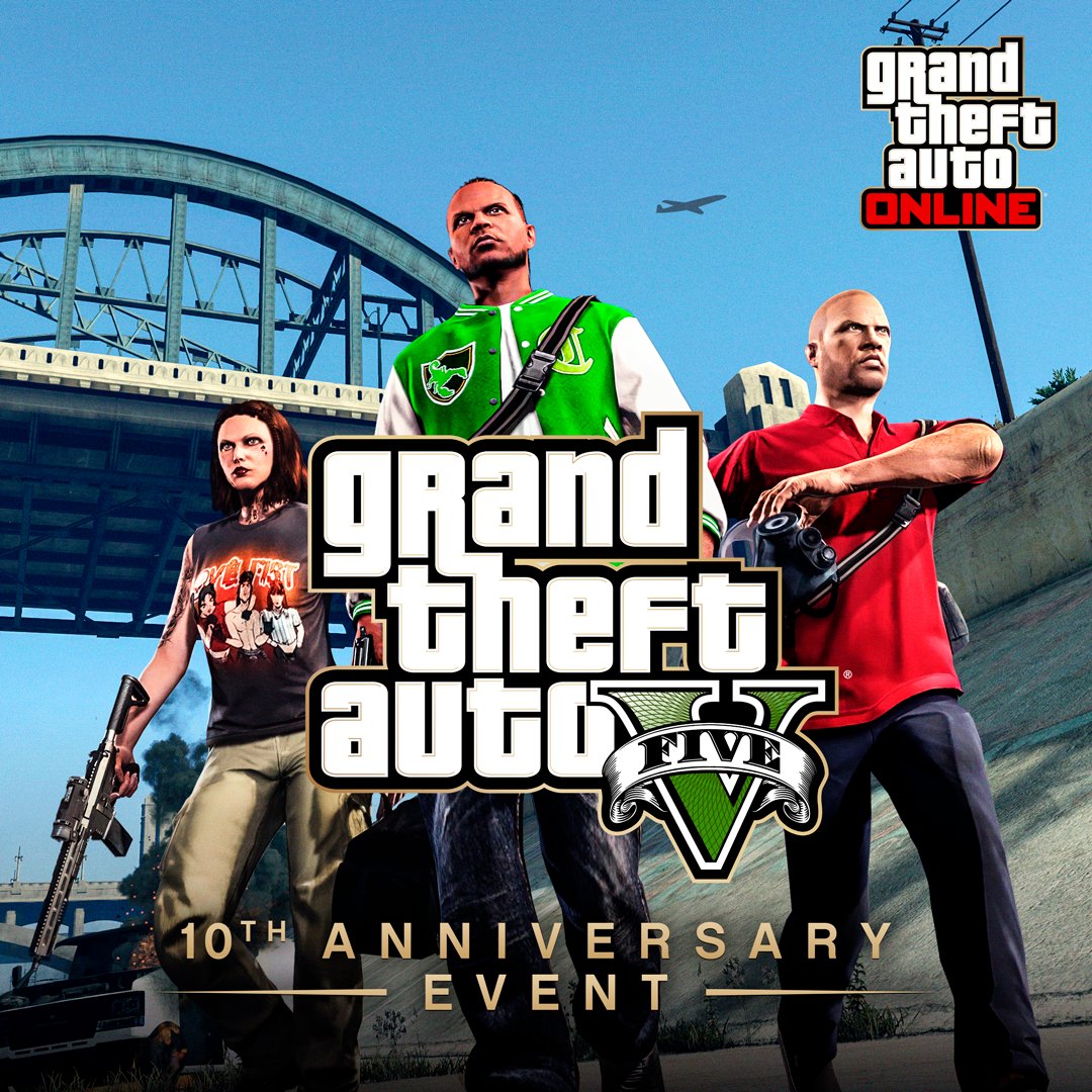 Celebrate 10 years of GTAV in GTA Online with a trio of unique new outfits reminiscent of classic looks for Michael, Franklin, and Trevor. Plus, get GTAV-themed weapon finishes, bonuses on classic modes, gameplay, and more: