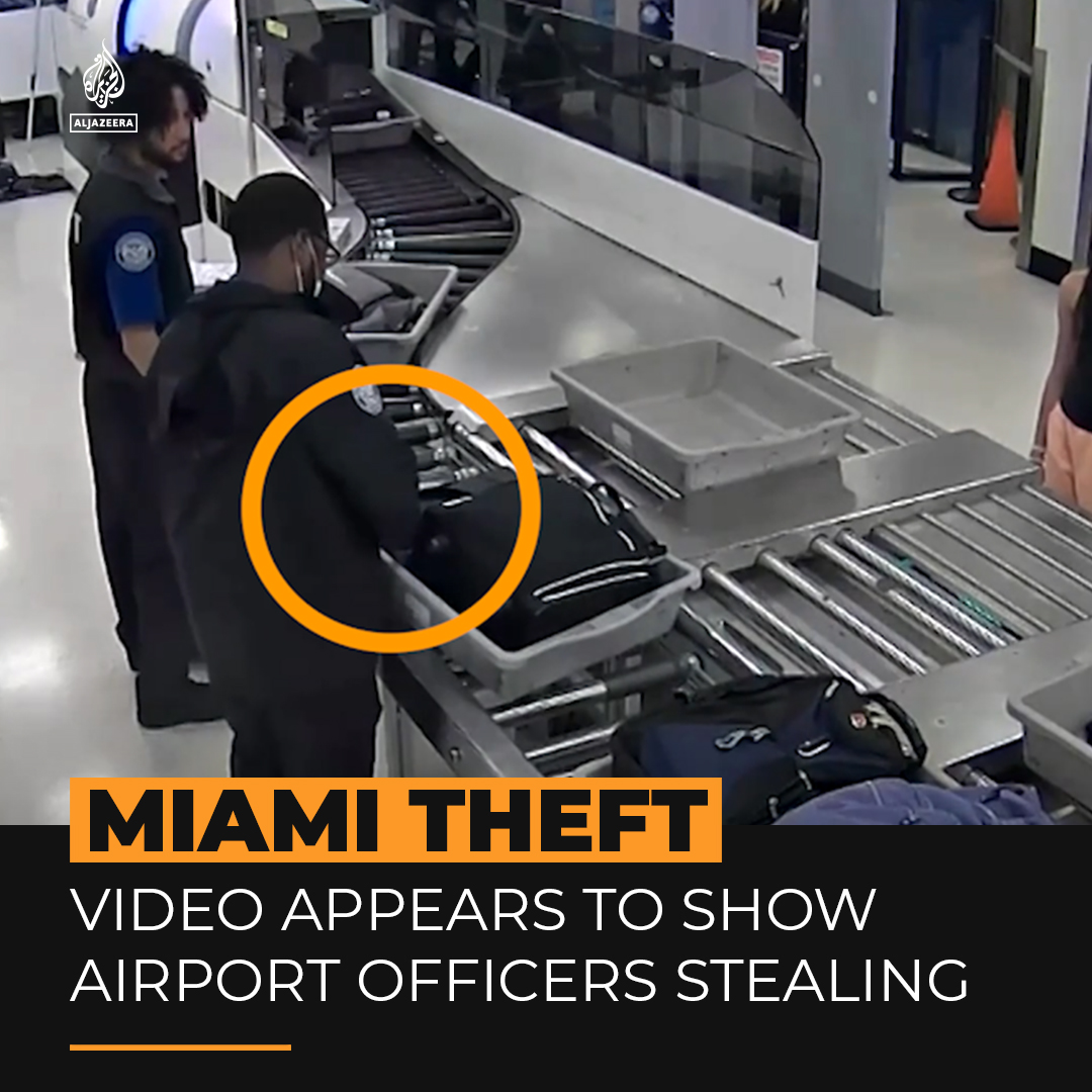Surveillance footage released by the Florida state attorney's office allegedly shows security officers at Miami International Airport stealing from passengers' luggage. Two officers have been arrested for pocketing hundreds of dollars of cash ⤵️