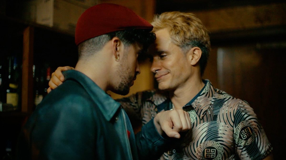Bad Bunny and Gael García Bernal kiss in a new clip from #Cassandro. In select theaters now.