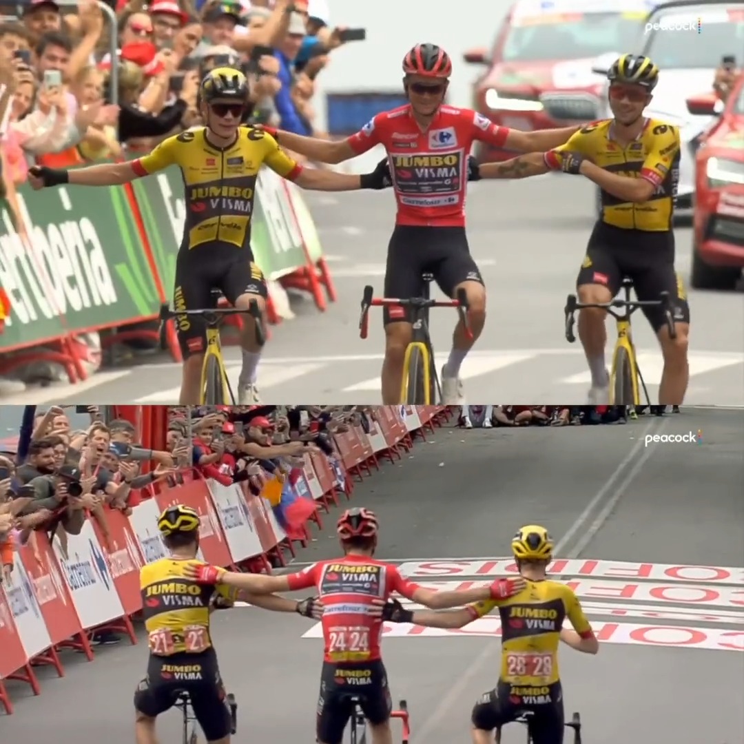 Incredible scenes as Sepp Kuss secures #LaVuelta23 victory surrounded by teammates and family!