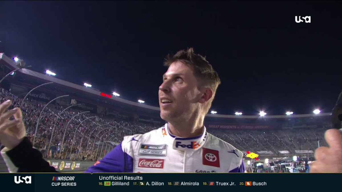 "Hey. I beat your favorite driver... all of them." Denny Hamlin responds to the crowd after winning at Bristol Motor Speedway. #NASCARPlayoffs