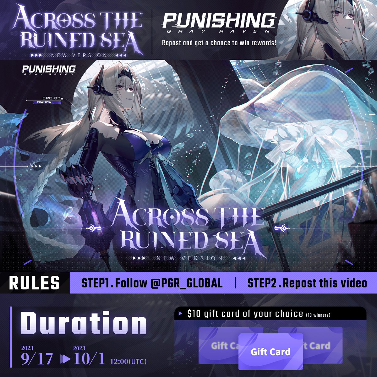 The simmering darkness of the witch will leave the deepest cut. 9.26 [Across The Ruined Sea] Follow Punishing: Gray Raven and repost the video, and we'll select 10 Commandants of all retweets to send you a $10 gift card apiece. Event end date: 10/1 12:00 UTC #punishinggrayraven #PGR