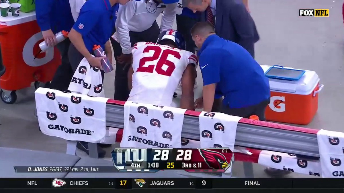Saquon was helped to the sidelines with an apparent injury late in the Giants game (via FOX Sports: NFL)