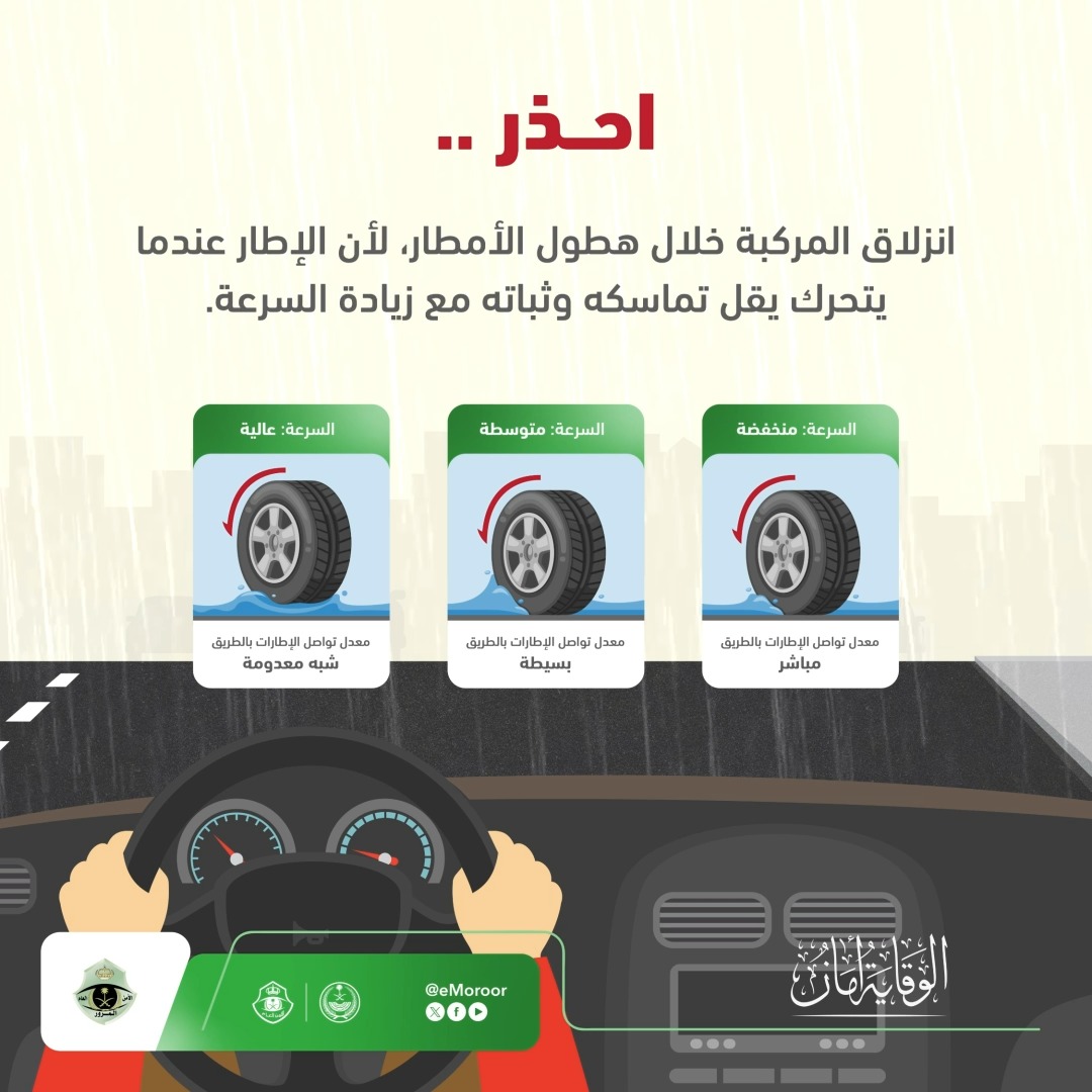 احذر انزلاق المركبة خلال هطول الأمطار. #المرور_السعودي #الوقاية_أمان