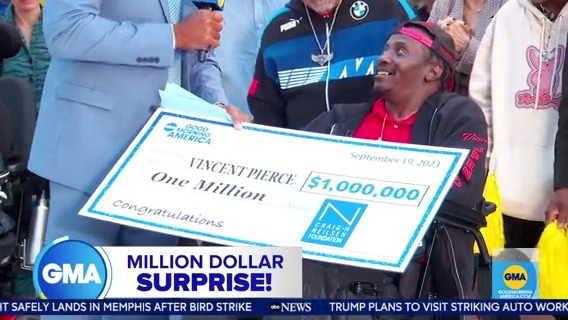 “I’m at a loss for words.” Vince Pierce, who has been in a wheelchair since he was shot in the neck, now leads Open Doors, a nonprofit working on gun violence prevention and disability justice. @MichaelStrahan and the Neilsen Foundation have a MILLION-DOLLAR SURPRISE for Vince!