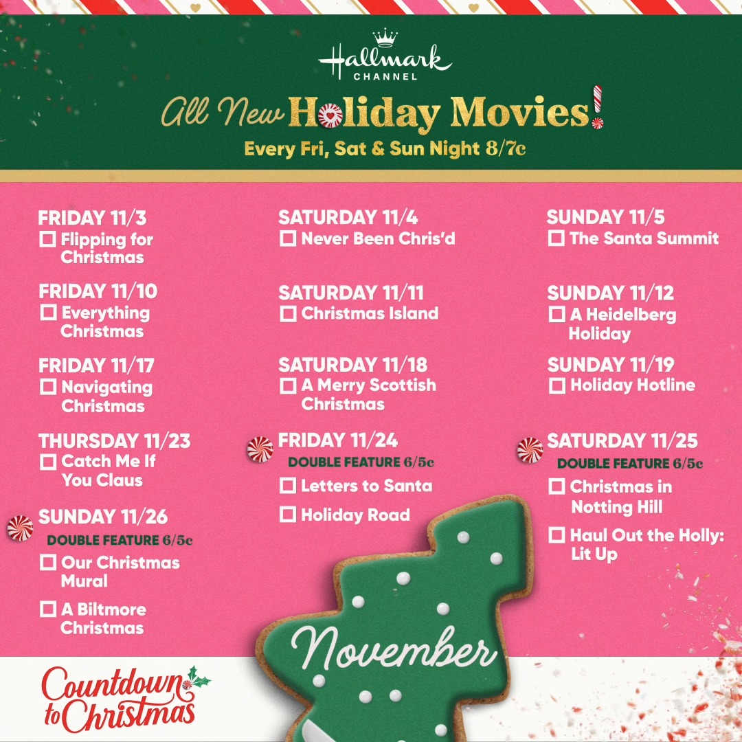 Share the cheer, Christmas fans! 🎄 It's your reason to be jolly this season. Save our #CountdownToChristmas 2023 programming guide and check off all new movies as you watch Friday, Saturday and Sunday at 8/7c all season!! ✨🍭