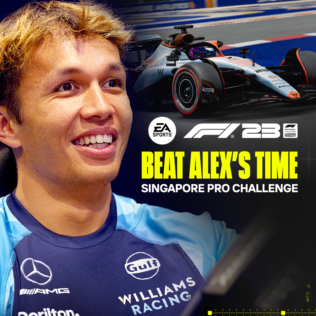 Can you beat @Alex_Albon in #F123? 👀 Take on the latest #ProChallenge in F1® World, beat Alex's best time around the #SingaporeGP circuit and the Bolder than Bold livery is yours 🎁