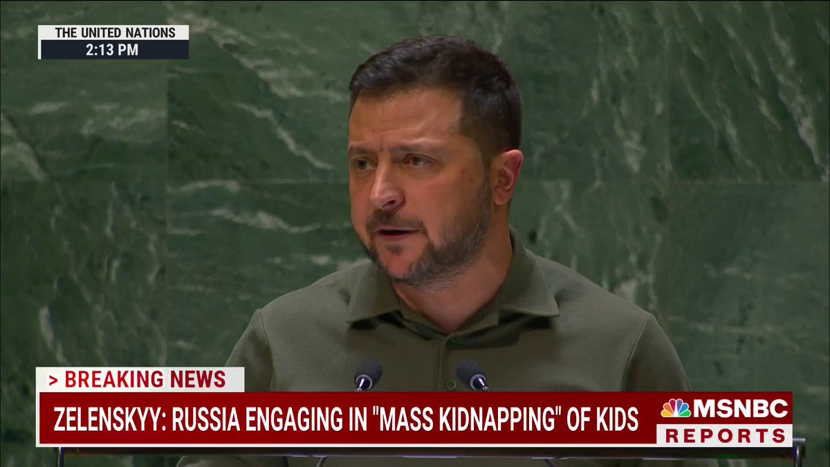 Ukrainian President Volodymyr Zelenskyy, speaking at the UN General Assembly, accuses Russia of the "mass kidnapping" of "tens of thousands" of children. "This is clearly a genocide," Zelenskyy adds. "When hatred is weaponized against a nation, it never stops there."