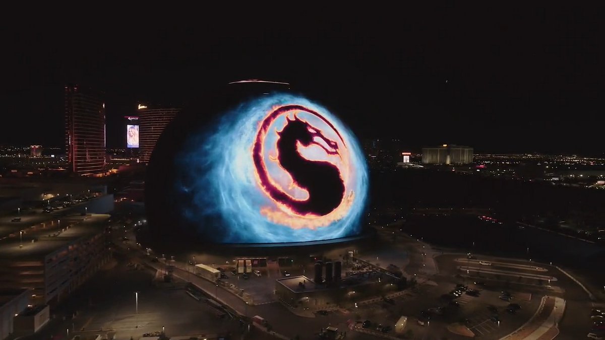 Here is drone footage of Mortal Kombat 1 being featured on the #SphereVegas Runs 2x per hour until 9/25