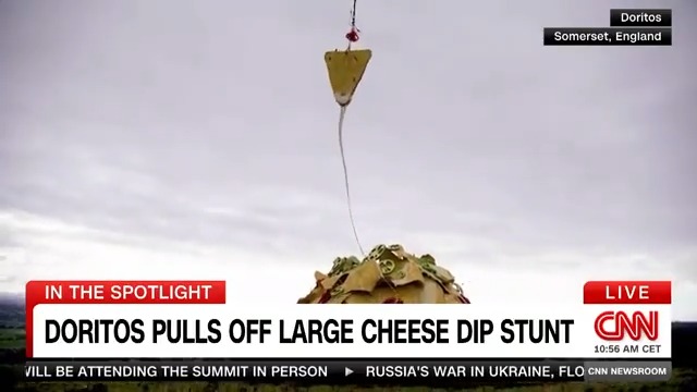 Doritos set a world record when the company used a helicopter to dip a giant chip into a cheese mixture and reportedly stretched the cheese 49 feet without breaking