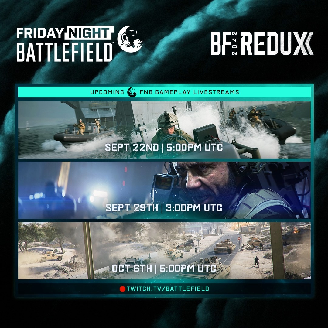 Come hang out with us on Twitch during our upcoming #FridayNightBattlefield gameplay livestreams! 🪖 🔹 Sept 22nd @ 5PM UTC 🔸 Sept 29th @ 3PM UTC 🔹 Oct 6th @ 5PM UTC 🔴🔔