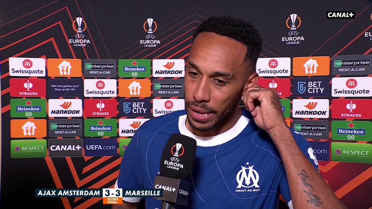 🗨️ "Un bon point au vu de la situation" Pierre-Émerick Aubameyang, double buteur ce soir, réagit à notre micro après Ajax / Marseille 🗣️ #AJAOM | #UEL