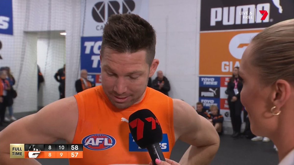 The emotion is raw. Toby Greene tries to find the words after a heartbreaking loss for the Giants.