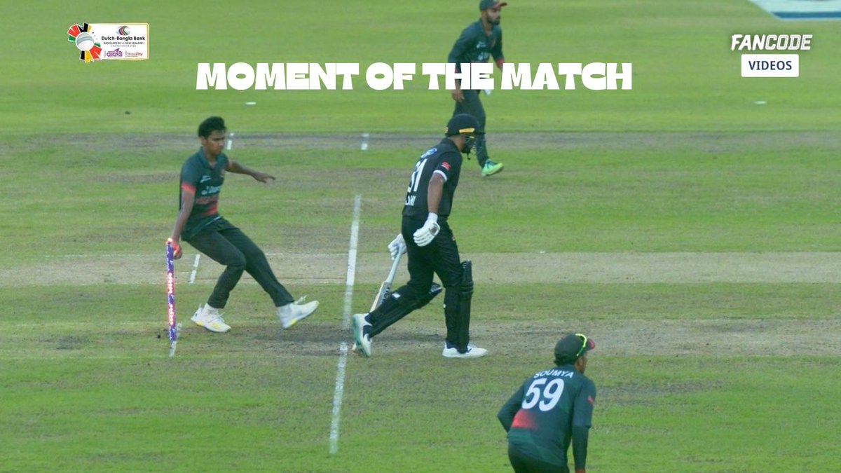 Hasan Mahmud ran out Ish Sodhi at non striker's end. Thrid umpire gave out. Bangladesh called back Sodhi then Sodhi hugged Mahmud. - Incredible scenes yesterday!