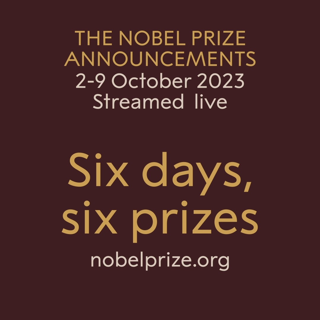 Are you ready? No long to go until we start announcing this year's Nobel Prizes. We hope you're as excited as we are! View the 2023 announcement dates here: