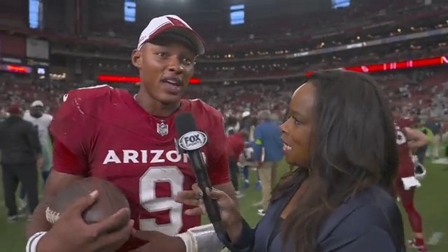 What a special moment for Josh Dobbs 🙌 After 7 seasons in the league, he finally got his first win as an NFL starter! The Arizona Cardinals QB joined Pam Oliver after the victory ⬇️