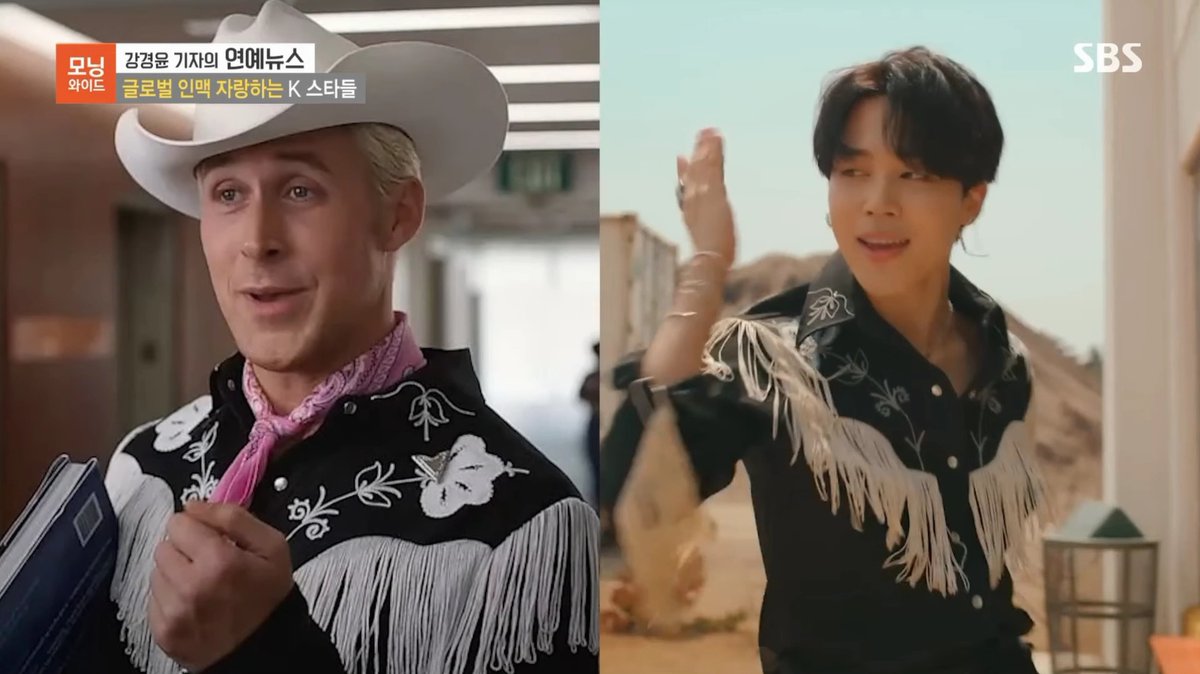 SBS' Morning News mentioned Jimin as a Korean star boasting their global influence as they introduced the news of Ryan Gosling gifting his Ken guitar to Jimin! The impact of Global It boy Park Jimin has no limits 🔥