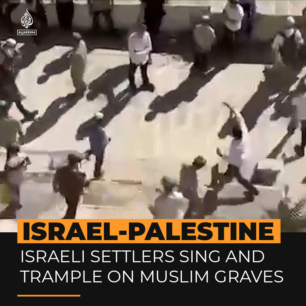Israeli settlers have been filmed singing and walking on graves at a Muslim cemetery near the Al Aqsa mosque compound in occupied East Jerusalem ⤵️