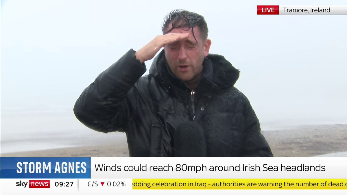 "Welcome to the sunny Southeast of Ireland". Ireland Correspondent Stephen Murphy reports live from Tramore, where Storm Agnes has made landfall. 📺 Sky 501, Virgin 602, Freeview 233 and YouTube
