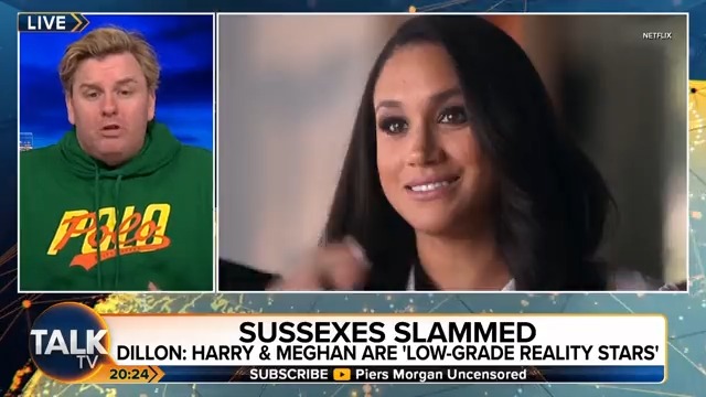 "I find the lack of self awareness to be very fun... I hope they keep behaving shamefully... whatever keeps them in the news." Comedian Tim Dillon says Prince Harry and Meghan Markle have saved reality TV in America. Piers Morgan | Tim Dillon