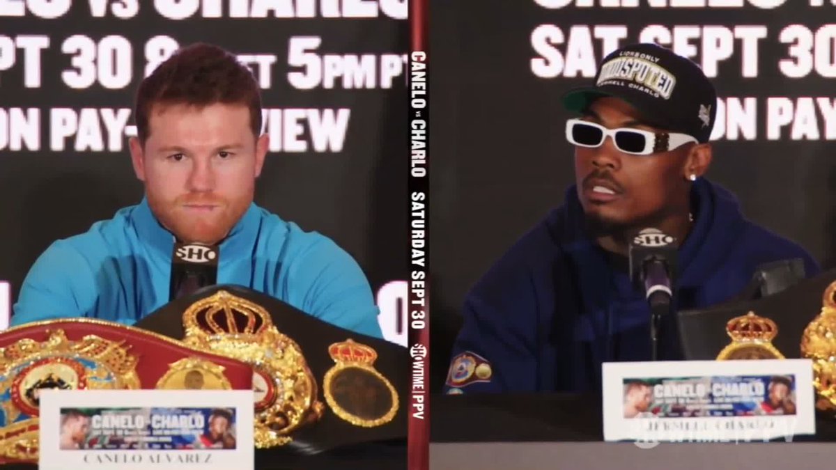 Canelo Alvarez and Jermell Charlo exchanging words at their final press conference ahead of Saturday night as Canelo tells Charlo: “You will see, you will learn.” [🎥 Showtime Boxing (Roblox)]
