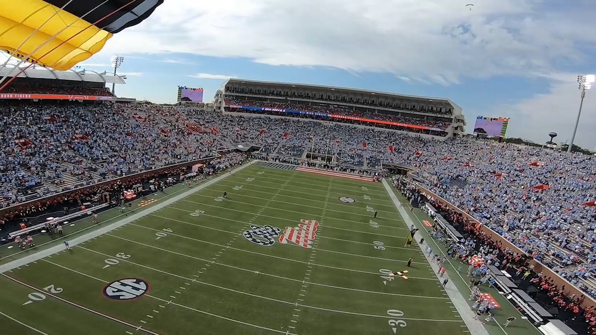𝗣𝗢𝗩: Dropping Into Vaught-Hemingway Stadium On Gameday 🚁🇺🇸 Don't miss the Para-Commandos delivering the game ball this Saturday!